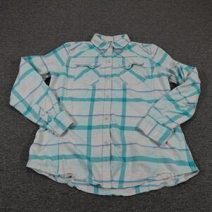 Stio Shirt Womens XL Blue Plaid 100% Cotton Button Up Long Sleeve Lightweight